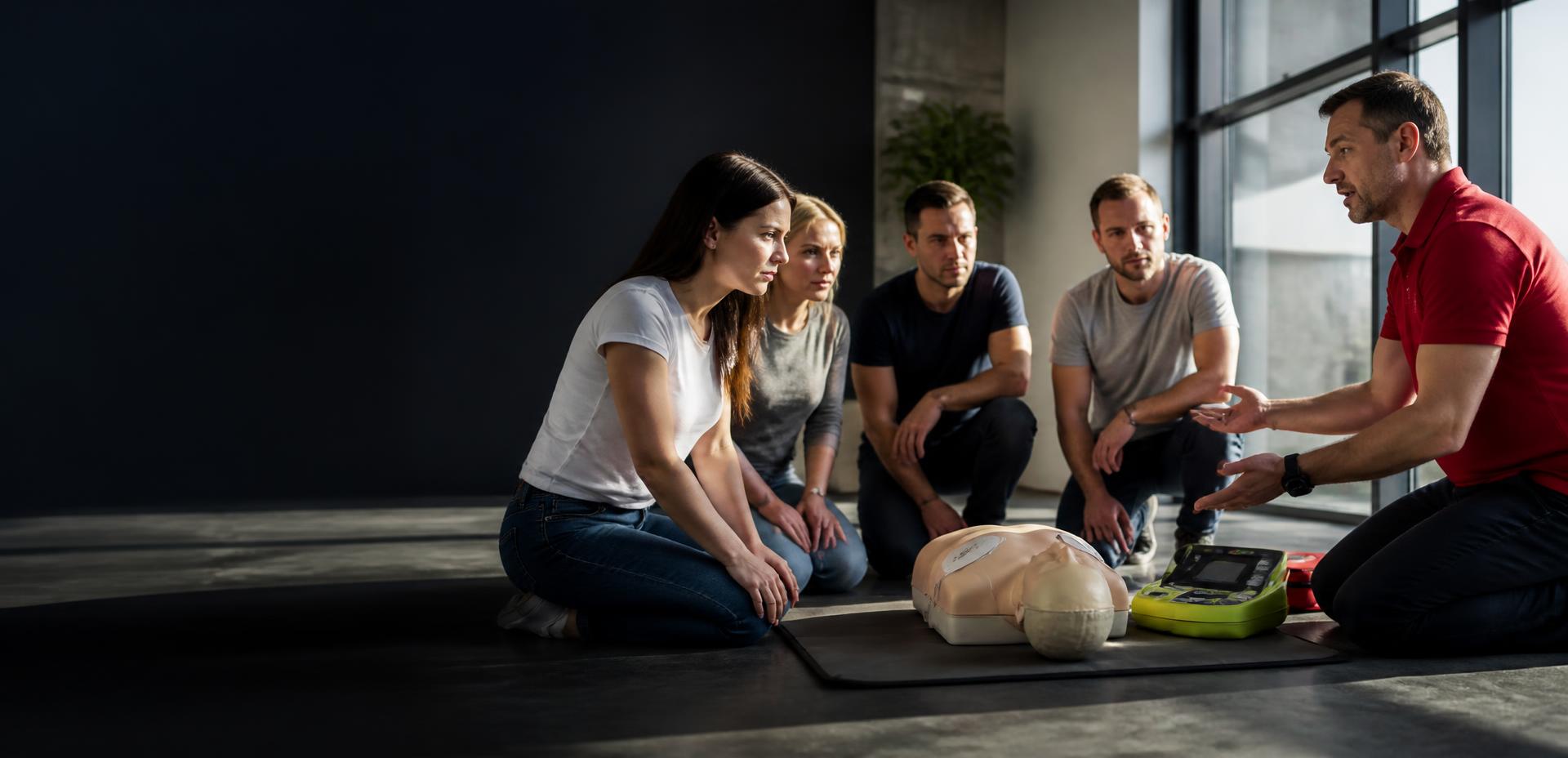 Lektor první pomoci vede skupinu účastníků při nácviku resuscitace s figurínou a defibrilátorem AED